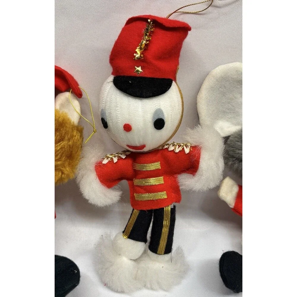 Vintage Japan Christmas Plush Ornaments Lot Fox Mouse Drummer 60s Knee Hugger
